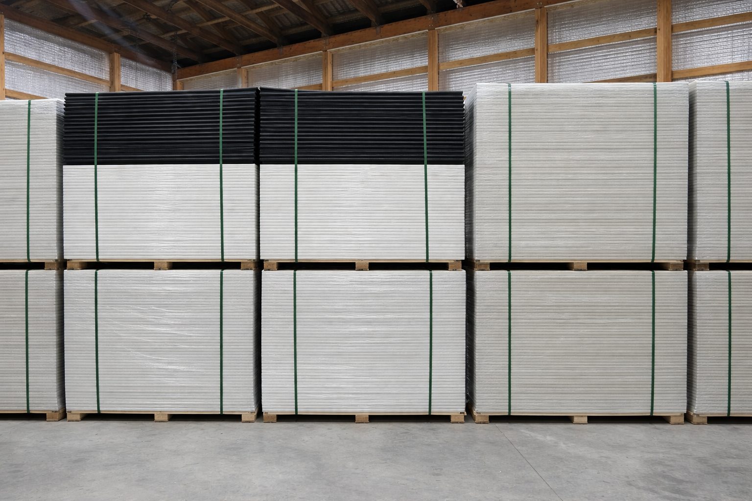 Black and white ground mats stacked on pallets