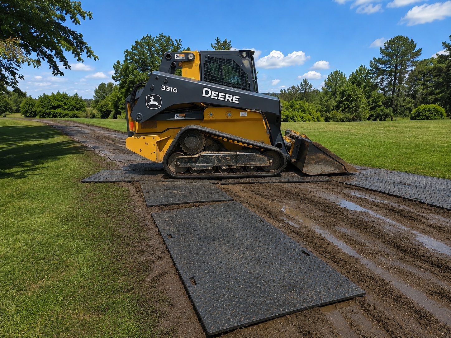 Skid steer on connected ground mats